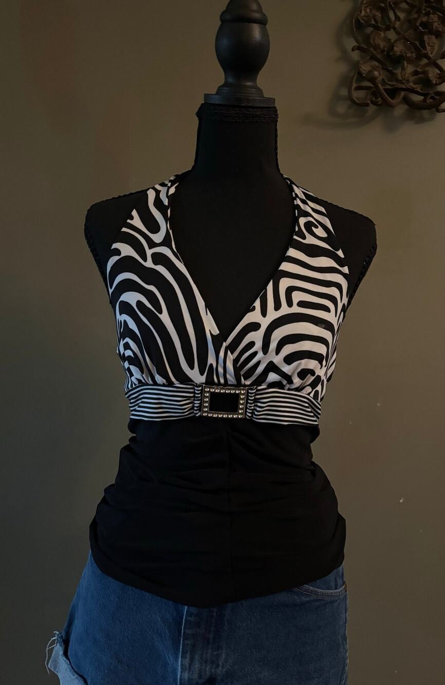 Vintage Y2K Twin Black White Abstract Print Rhinestone Buckle Halter Top
